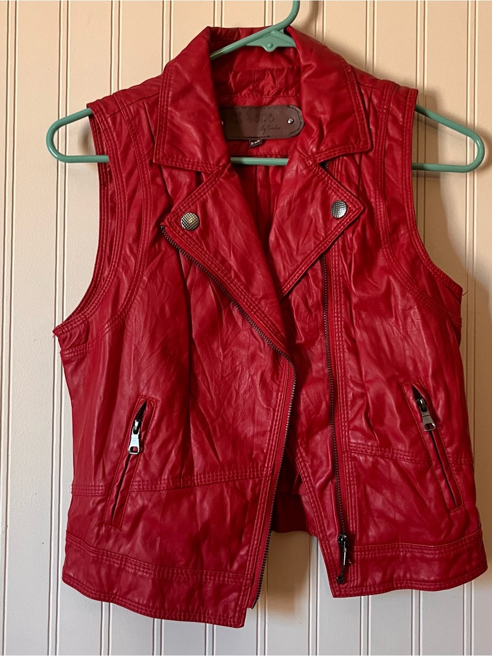 Ci Sono by Cavalini Moto Vest Red Faux Leather Zip Pockets Lined Size Small